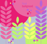 Floral background in simple flat style. Vector illustration template with leafs and branches, circles and drops in trendy color palette. For social networks, invitations, greetings.