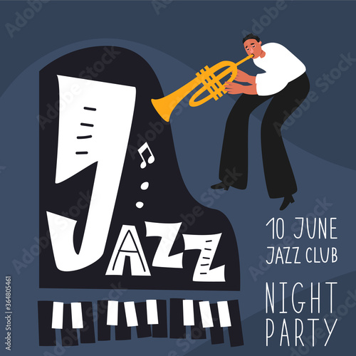 Jazz musician trumpeter performs a musical melody. The jazz trumpet. Vector illustration for a poster