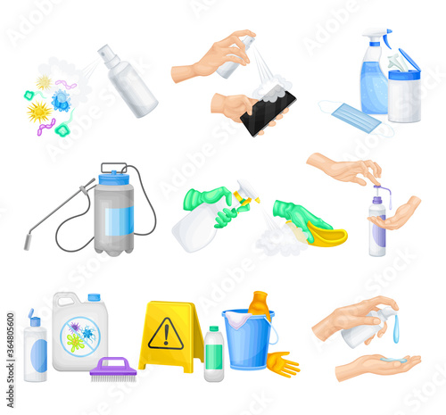 Detergent and Disinfectant in Dispenser Bottle and Hand Using It Vector Set