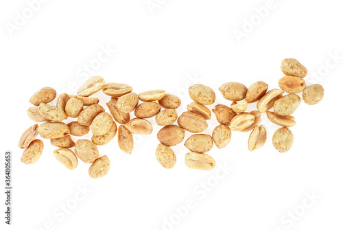 Group of roasted salted peanuts isolated on a white background, top view.