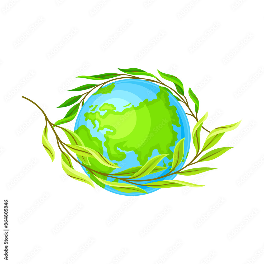 Fototapeta premium Earth Globe with Green Branch Winding Round as Nature Protection Vector Illustration