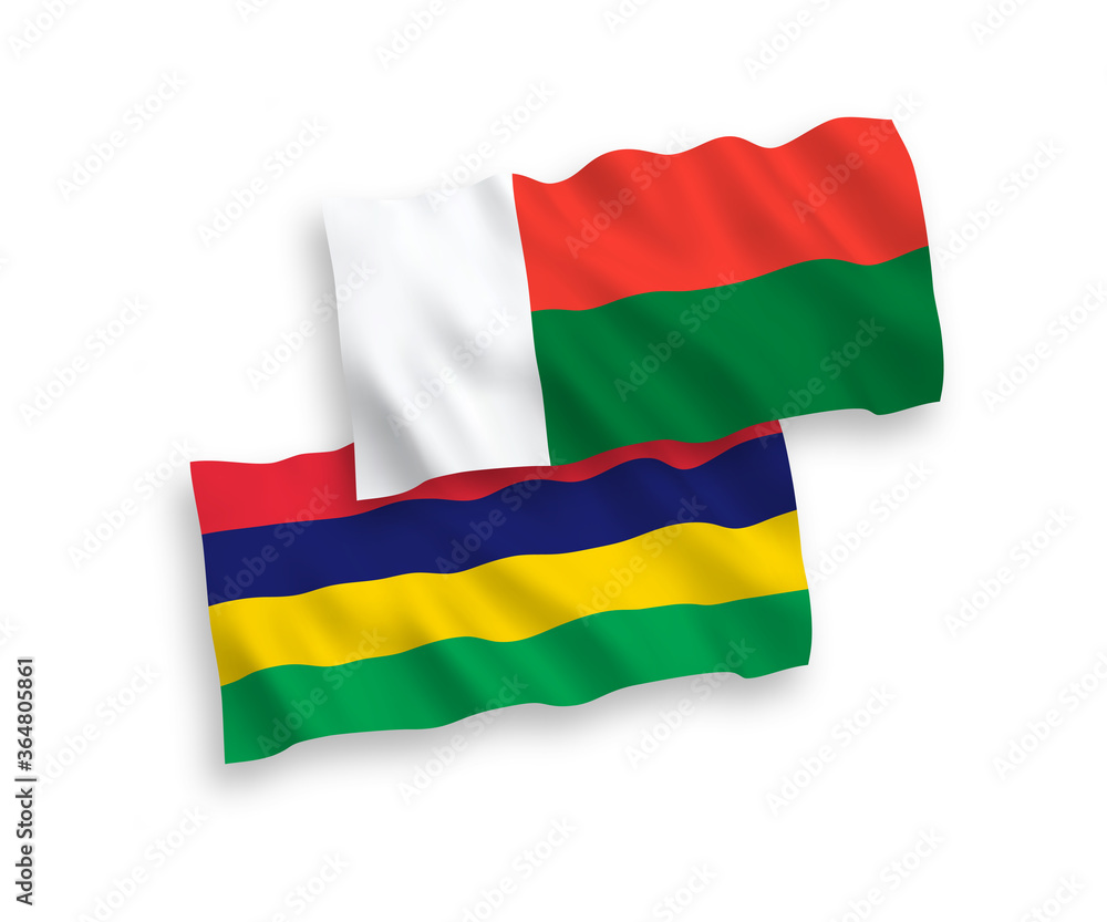 National vector fabric wave flags of Mauritius and Madagascar isolated on white background. 1 to 2 proportion. National vector fabric wave flags of Mauritius and Madagascar isolated on white background. 1 to 2 proportion.
