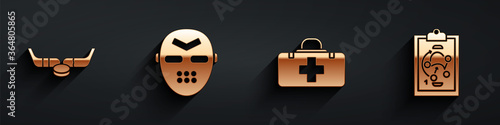Set Ice hockey sticks and puck, Hockey mask, First aid kit and Planning strategy icon with long shadow. Vector.