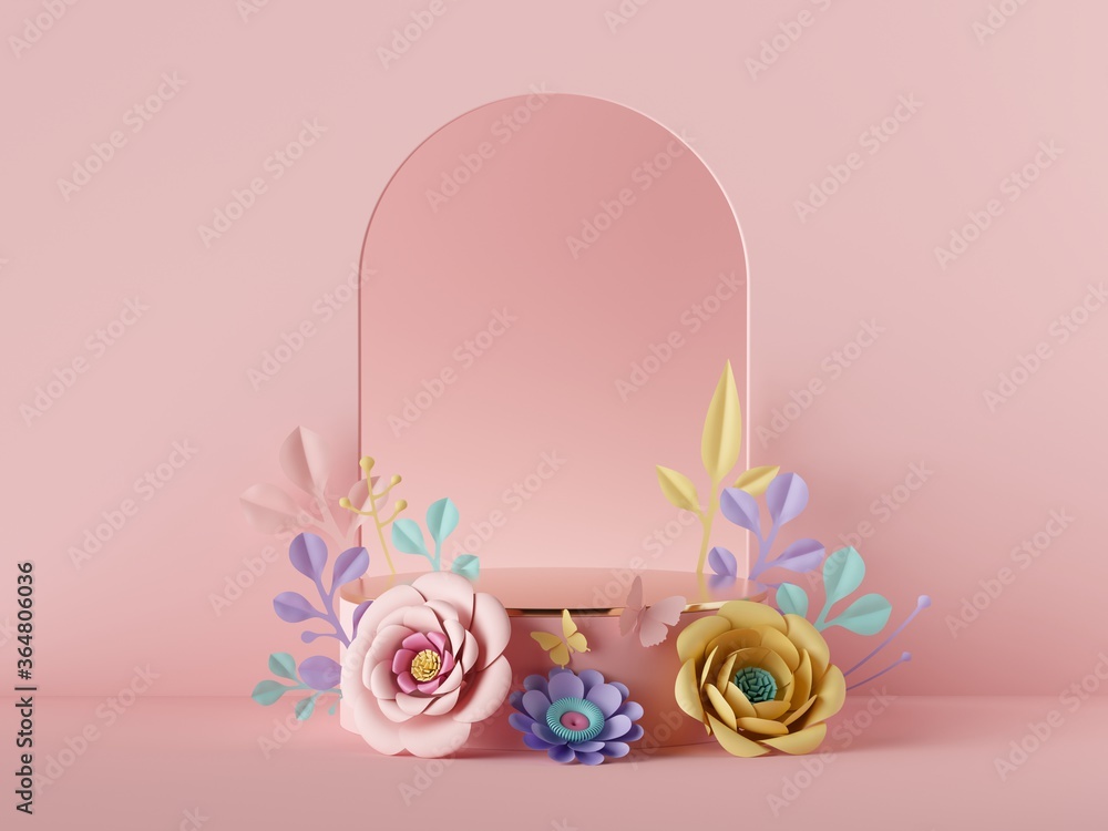 3d render, abstract pink background. Empty podium decorated with colorful paper flowers, fashion design. Shop product display showcase, vacant pedestal, round stage, floral arch. Blank poster mockup