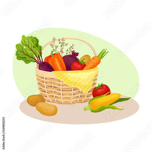Wicker Basket Full of Vegetables as Crop Harvesting Vector Illustration