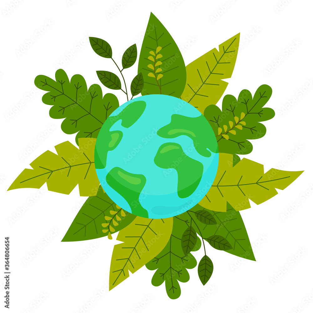 Vector cartoon illustration of planet Earth. Icon for website or app. Map  of the world at circle leaves background. Concept of save nature, eco  friendly. Using natural, save planet from plastic Stock