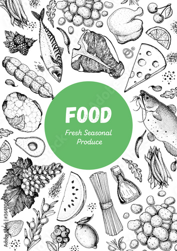 Various Foods sketch. Vector illustration. Vegetables, fruits, meat hand drawn. Organic food set. Good nutrition pattern. Hand drawn food design elements.