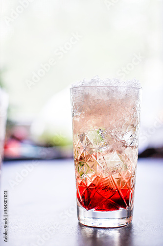 ice cocktail syrup drink, sparkling water alcohol or non-alcoholic beverage food background top view copy space for text organic