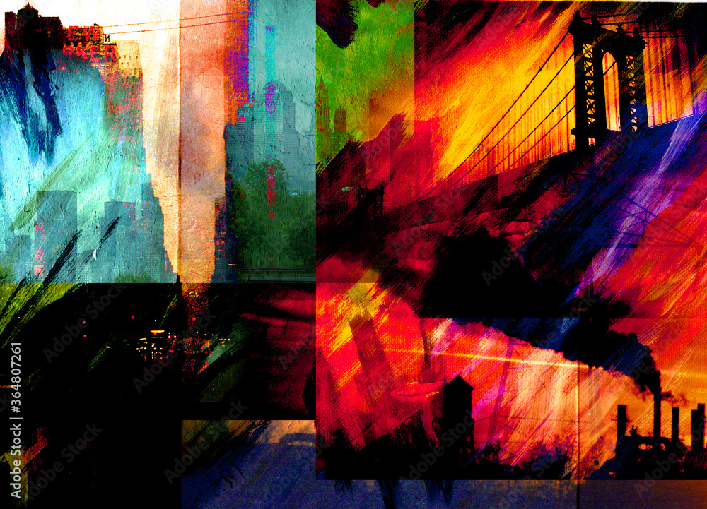 Surreal modern art. Manhattan bridge. 3D rendering