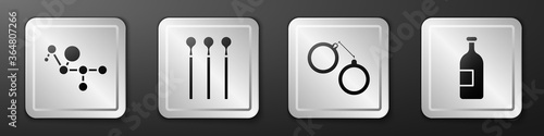 Set Cannabis molecule, Matches, Handcuffs and Alcohol drink bottle icon. Silver square button. Vector.