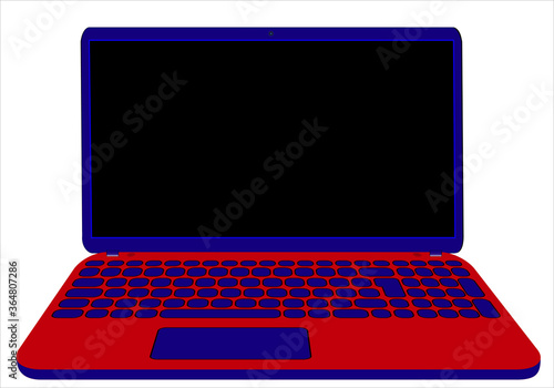 Ordenador portatil en rojo y azul con vista frontal