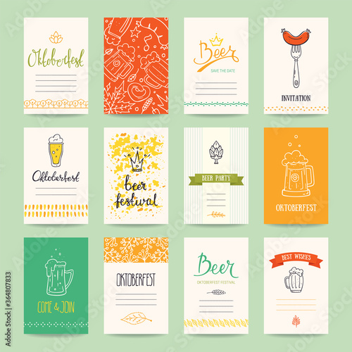 Oktoberfest beer festival invitation, greeting card, flyer, banner, poster templates. Hand drawn traditional symbols, design elements, handwritten ink lettering. Colorful autumn vector collection.