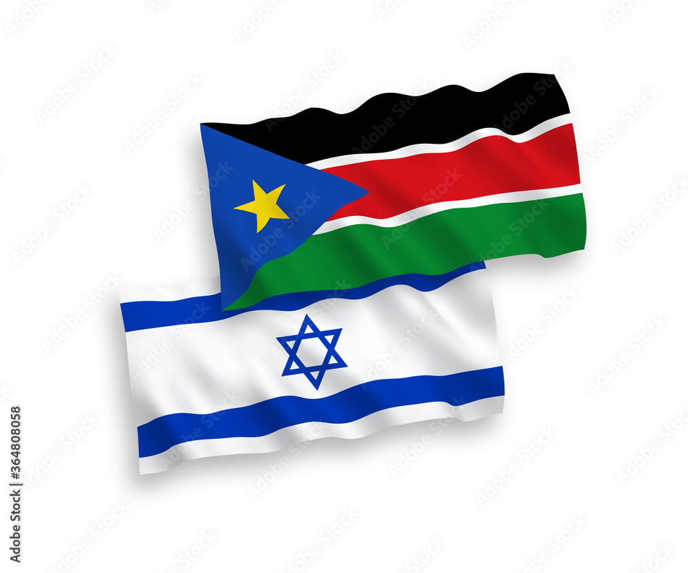 National vector fabric wave flags of Republic of South Sudan and Israel isolated on white background. 1 to 2 proportion. National vector fabric wave flags of Republic of South Sudan and Israel isolated on white background. 1 to 2 proportion.