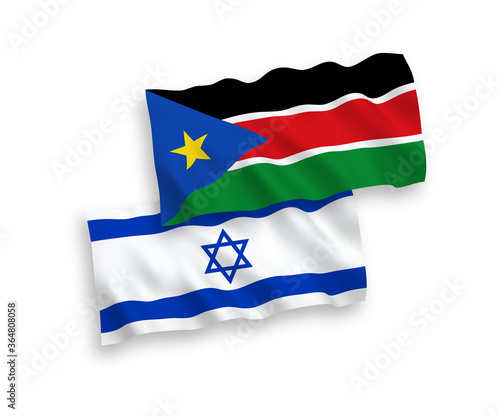National vector fabric wave flags of Republic of South Sudan and Israel isolated on white background. 1 to 2 proportion.