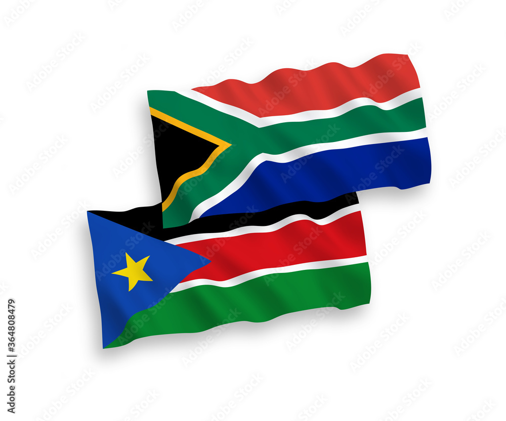 Obraz premium National vector fabric wave flags of Republic of South Sudan and Republic of South Africa isolated on white background. 1 to 2 proportion.