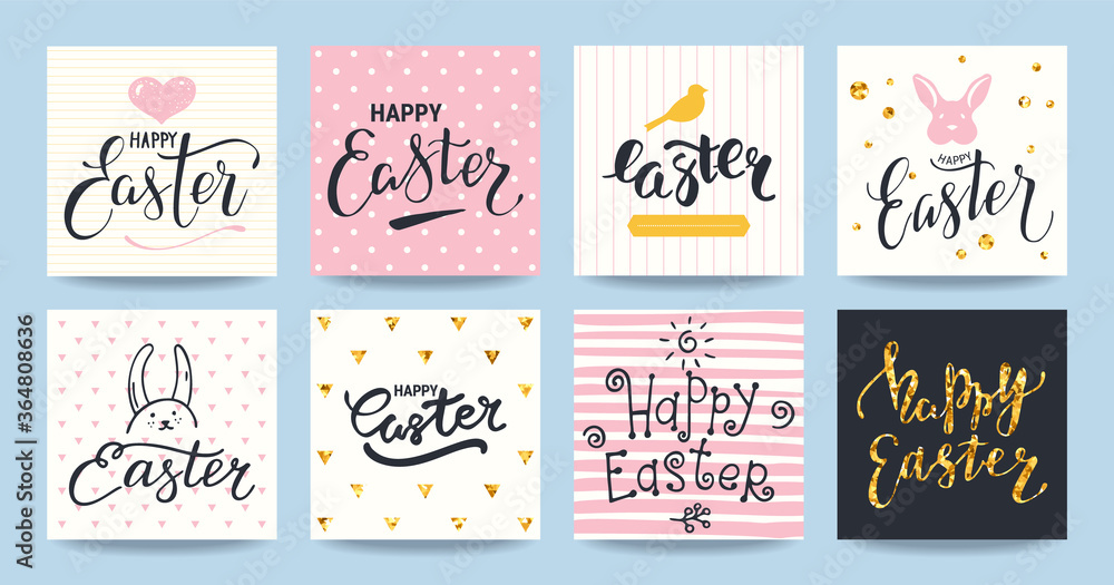 Naklejka premium Happy Easter greeting card, party invitation, promotion poster, banner, flyer. Artistic templates collection with gold glittered texture, modern handwritten lettering, holiday symbols, bird and bunny.