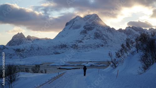 Cold snowy winter landscapes near Fredvang on the Lofoten Islands in Norway.