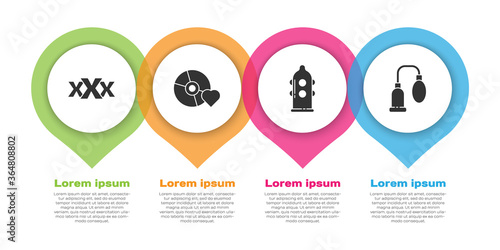 Set Sex shop, Adult label on compact disc, Condom and Penis pump. Business infographic template. Vector.