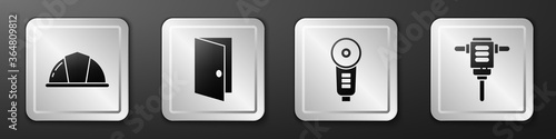 Set Worker safety helmet, Closed door, Angle grinder and Electric rotary hammer drill icon. Silver square button. Vector.