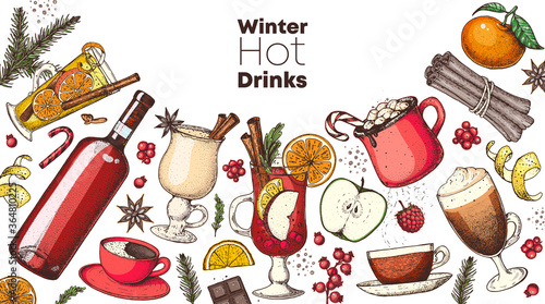 Hot drinks. Mulled wine, winter hot drink top view. Hand drawn. Vector illustration. Christmas design template. Sketch collection. Christmas bar menu. Mulled wine, coffee and tea. Packaging design