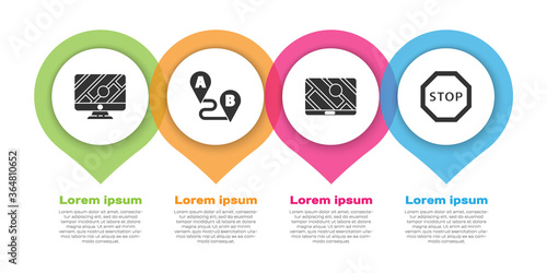 Set Monitor with location marker, Route location, City map navigation and Stop sign. Business infographic template. Vector.