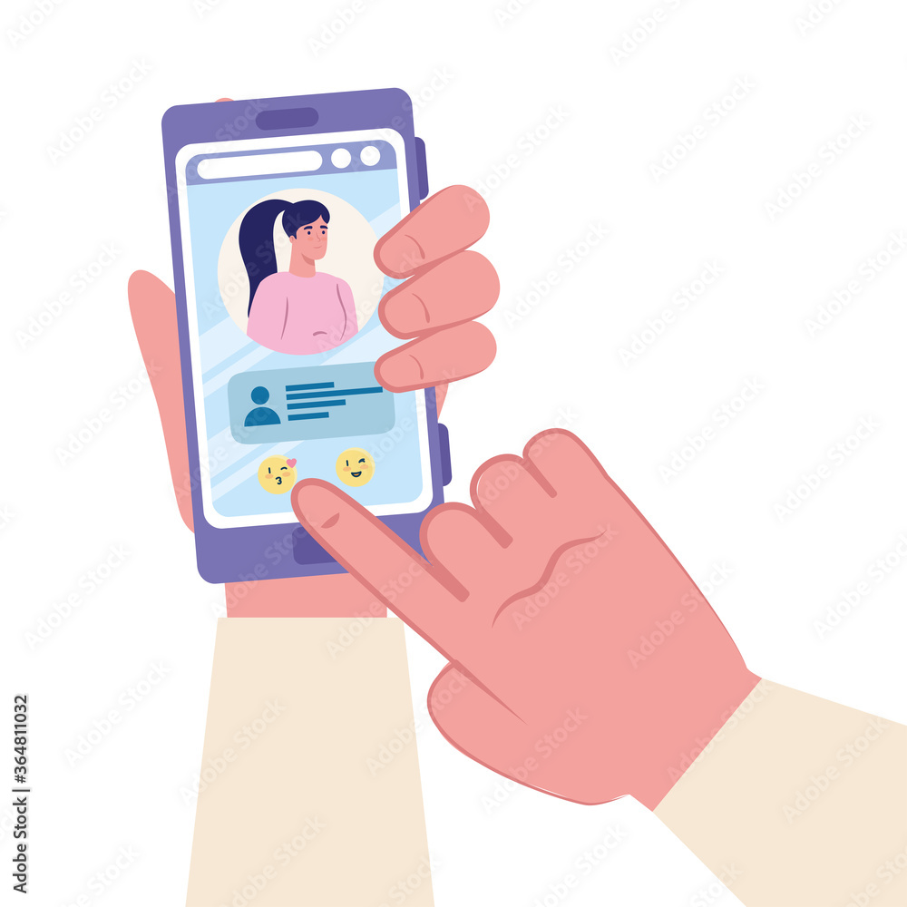 Hand holding smartphone with woman and chatting bubble design, Message chat and communication theme Vector illustration Hand holding smartphone with woman and chatting bubble design, Message chat and communication theme Vector illustration