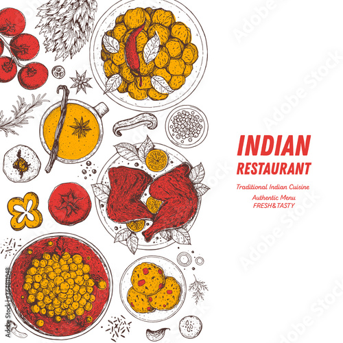 Indian food illustration. Hand drawn sketch. Vector illustration. Menu background.