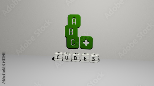 3D representation of cubes with icon on the wall and text arranged by metallic cubic letters on a mirror floor for concept meaning and slideshow presentation. background and illustration