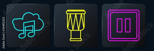 Set line Music streaming service, Pause button and Drum. Black square button. Vector.