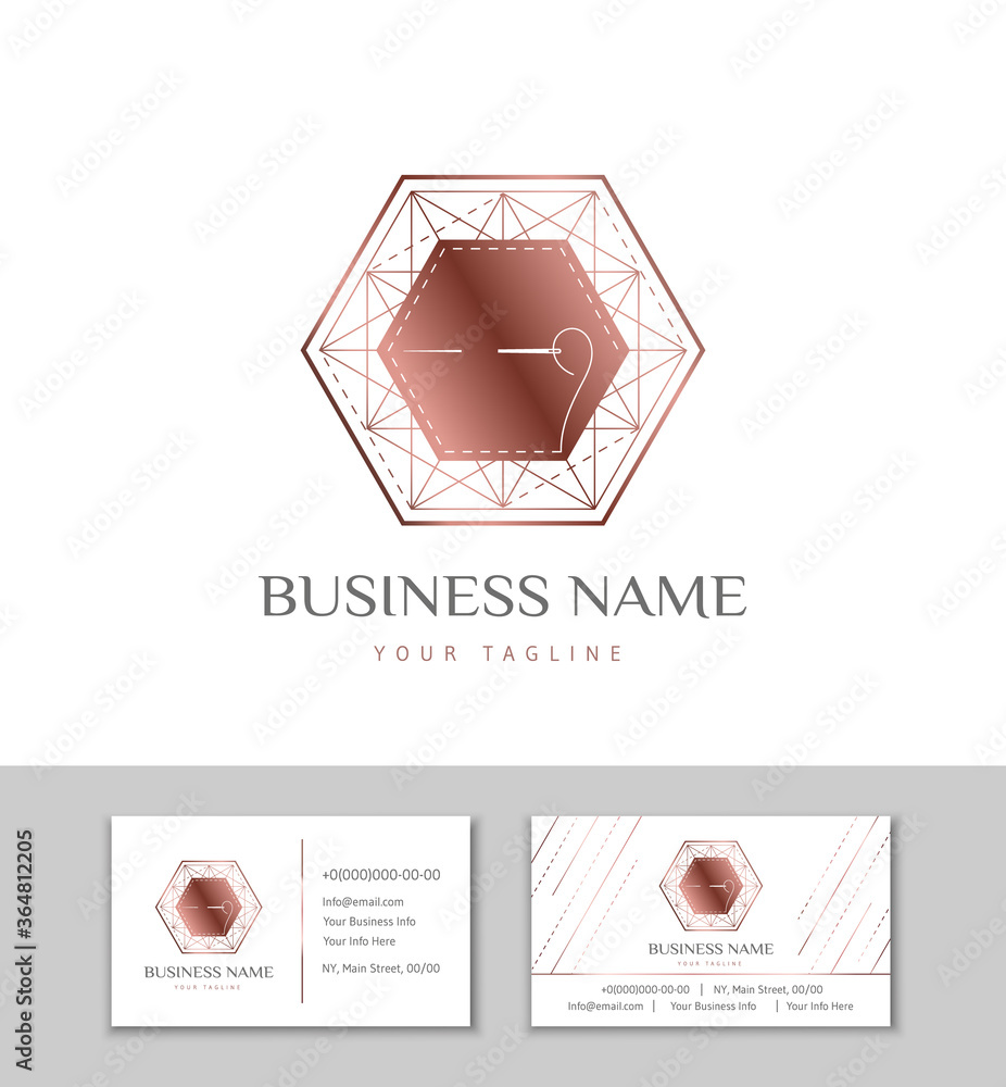 The logo and business card for Atelier, fashion designer or studio sewing and tailoring. Rose gold polygon with thread and needle The logo and business card for Atelier, fashion designer or studio sewing and tailoring. Rose gold polygon with thread and needle