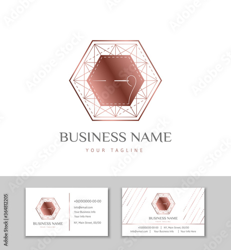The logo and business card for Atelier, fashion designer or studio sewing and tailoring. Rose gold polygon with thread and needle
