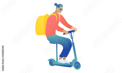 A young guy with a fashionable haircut in sunglasses rides on an electric scooter with delivery on a white background. Man with thermo bag, fast delivery concept. 