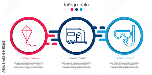 Set line Kite, Rv Camping trailer and Diving mask and snorkel. Business infographic template. Vector.