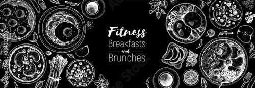 Breakfast, brunch sketch design elements, top view food. Morning food menu design. Breakfasts and brunches dishes collection. Vintage hand drawn sketch, vector illustration. Engraved style.
