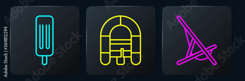 Set line Ice cream, Sunbed and Rafting boat. Black square button. Vector.