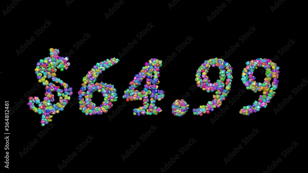 $64.: 3D illustration of the text made of small objects over a black background with shadows $64.: 3D illustration of the text made of small objects over a black background with shadows