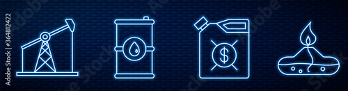 Set line Canister for motor machine oil, Oil pump or pump jack, Barrel oil, Alcohol or spirit burner and Lighter. Glowing neon icon on brick wall. Vector.