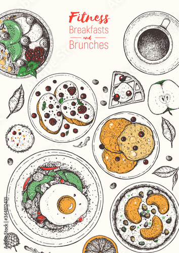 Breakfasts top view frame. Morning food menu design. Breakfast and brunches dishes collection. Vintage hand drawn sketch, vector illustration. Engraved style.