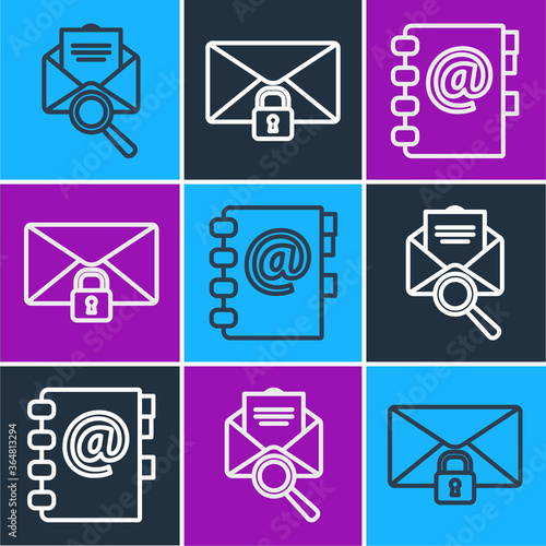 Set line Envelope with magnifying glass, Address book and Mail message lock password icon. Vector.