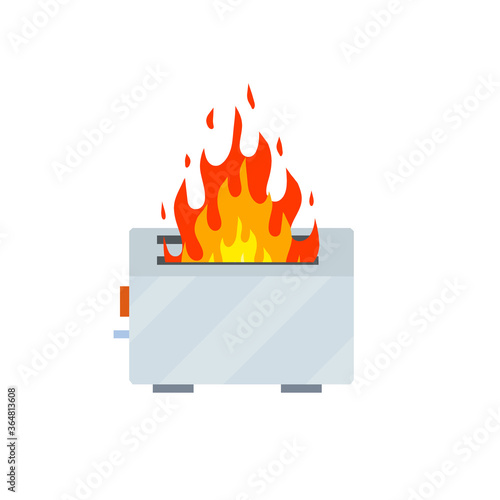 Broken toaster. Damaged home appliance. Element of kitchen things. Cartoon flat illustration. Problems with cooking. Toast frying. Flames and fire danger