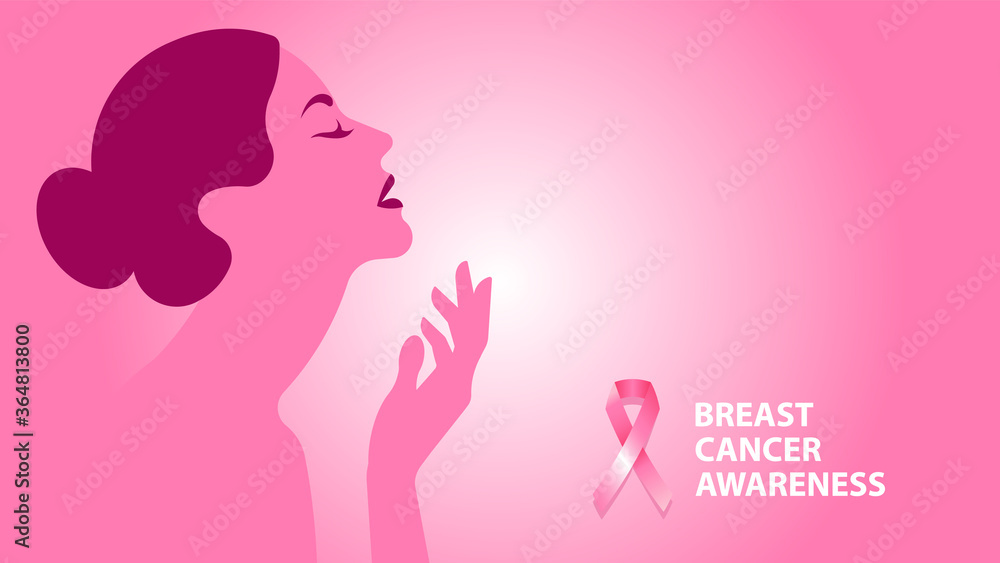Breast Cancer Awareness Month.  Banner illustration. Pink woman face silhouette with pink ribbon symbol.