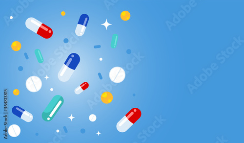 Falling medical pills. Various pills, drugs, capsules hover on a blue background. Vector illustration with copy space.