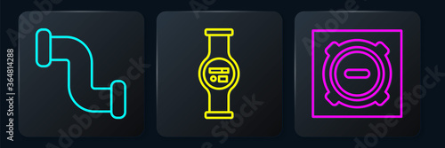 Set line Industry metallic pipe, Manhole sewer cover and Water meter. Black square button. Vector.