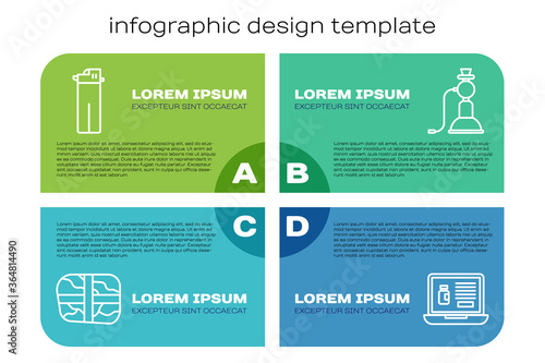 Set line Package with cocaine, Lighter, Buying drugs online on laptop and Hookah. Business infographic template. Vector.