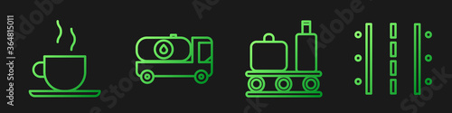 Set line Airport conveyor belt with suitcase, Coffee cup, Fuel tanker truck and Airport runway. Gradient color icons. Vector.