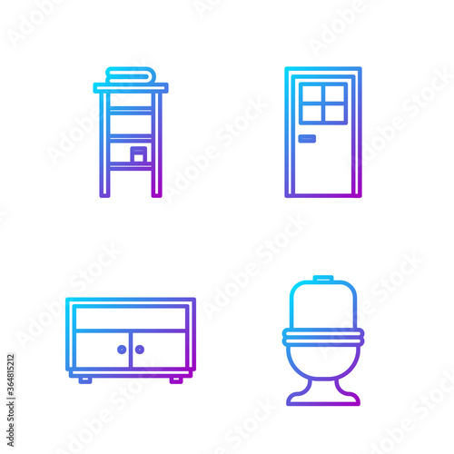 Set line Toilet bowl, Chest of drawers, Bathroom rack with shelves for towels and Closed door. Gradient color icons. Vector.