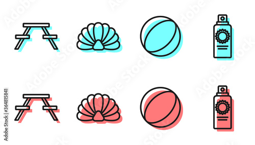 Set line Beach ball, Picnic table with benches, Scallop sea shell and Sunscreen spray bottle icon. Vector.