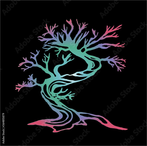 Color illustration of a running tree with a spiral ornament. The roots of the feet.