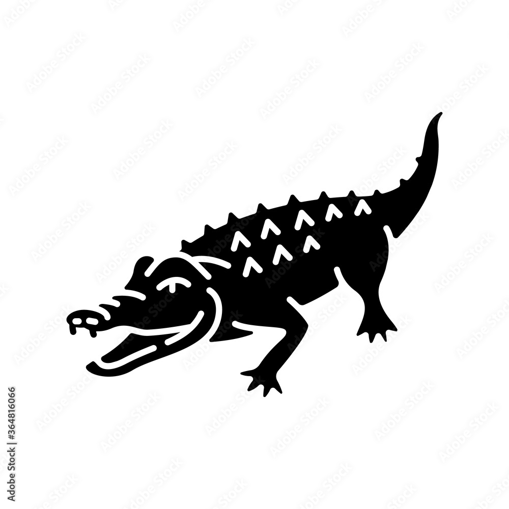 Fototapeta premium Alligator black glyph icon. Exotic wildlife, dangerous carnivore animal, aquatic predator. Zoo inhabitant silhouette symbol on white space. Large reptile, crocodile vector isolated illustration