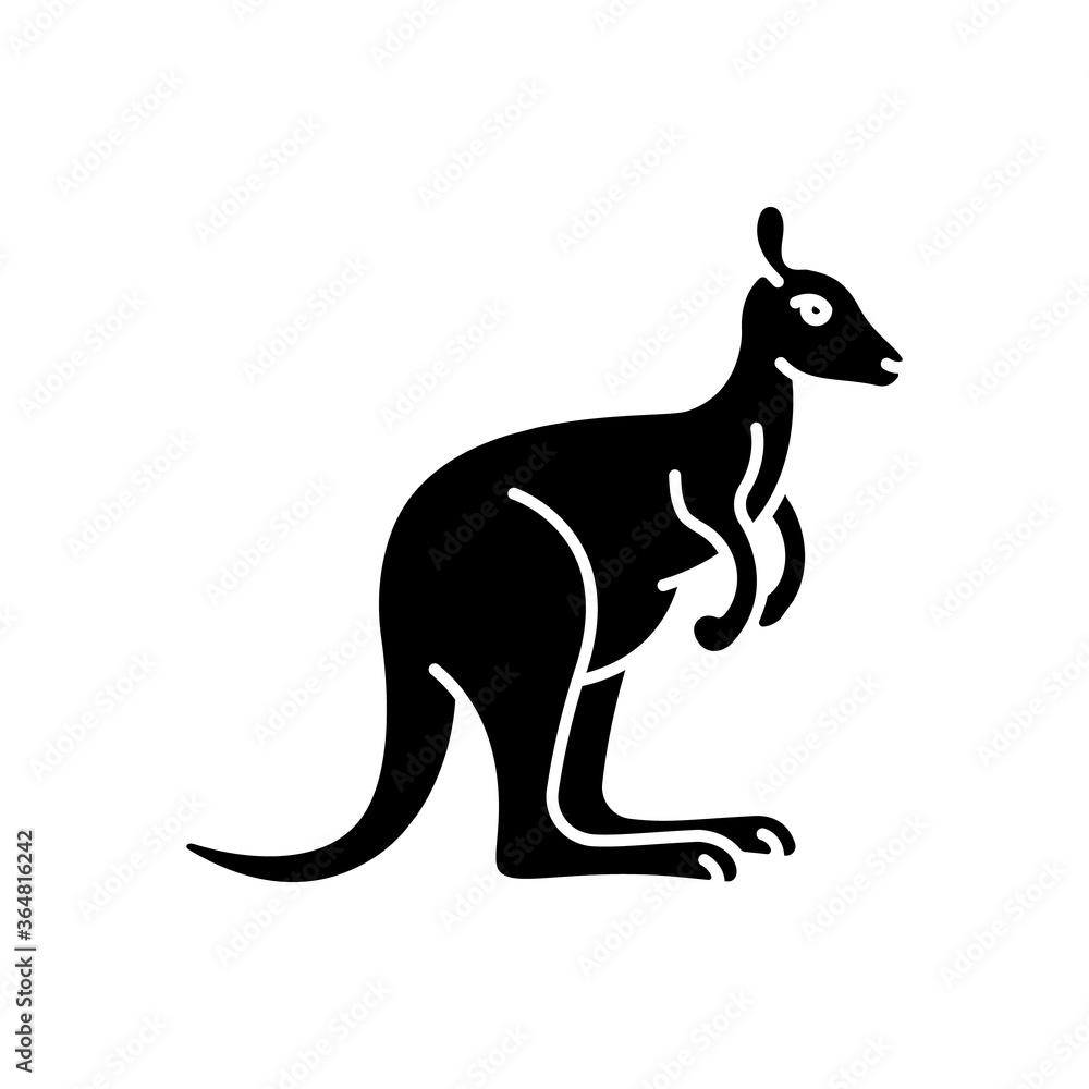 Kangaroo black glyph icon. Exotic wallaby, wild wallaroo. Tropical zoo inhabitant. Australian fauna, zoology silhouette symbol on white space. Jumping marsupial animal vector isolated illustration